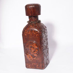 COPY - 1970's Leather Face Cork Decanter Bottle w/ chain El Quijote De La Mancha